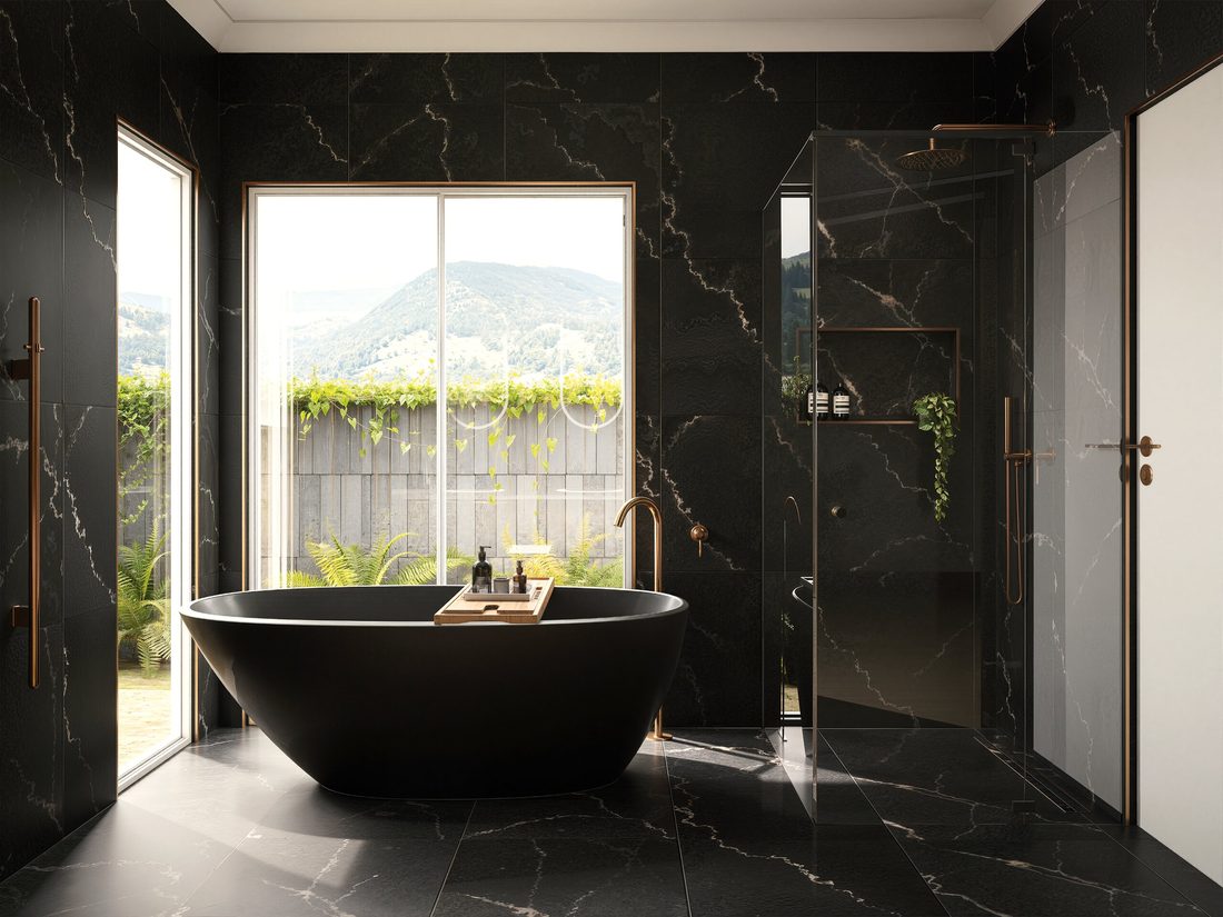 Dark marble bathroom render with black freestanding bath