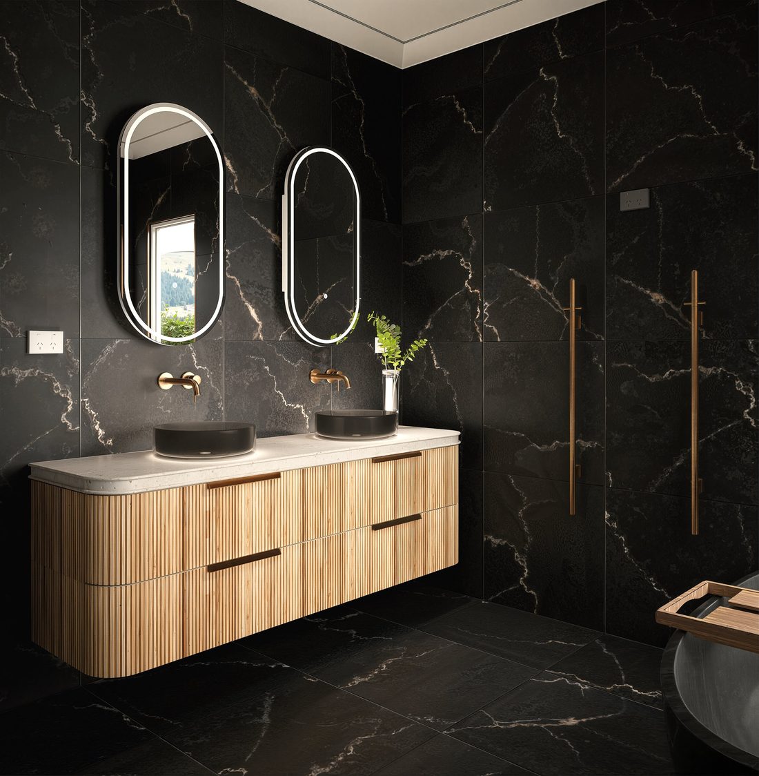 Dark marble master ensuite render with timber double vanity