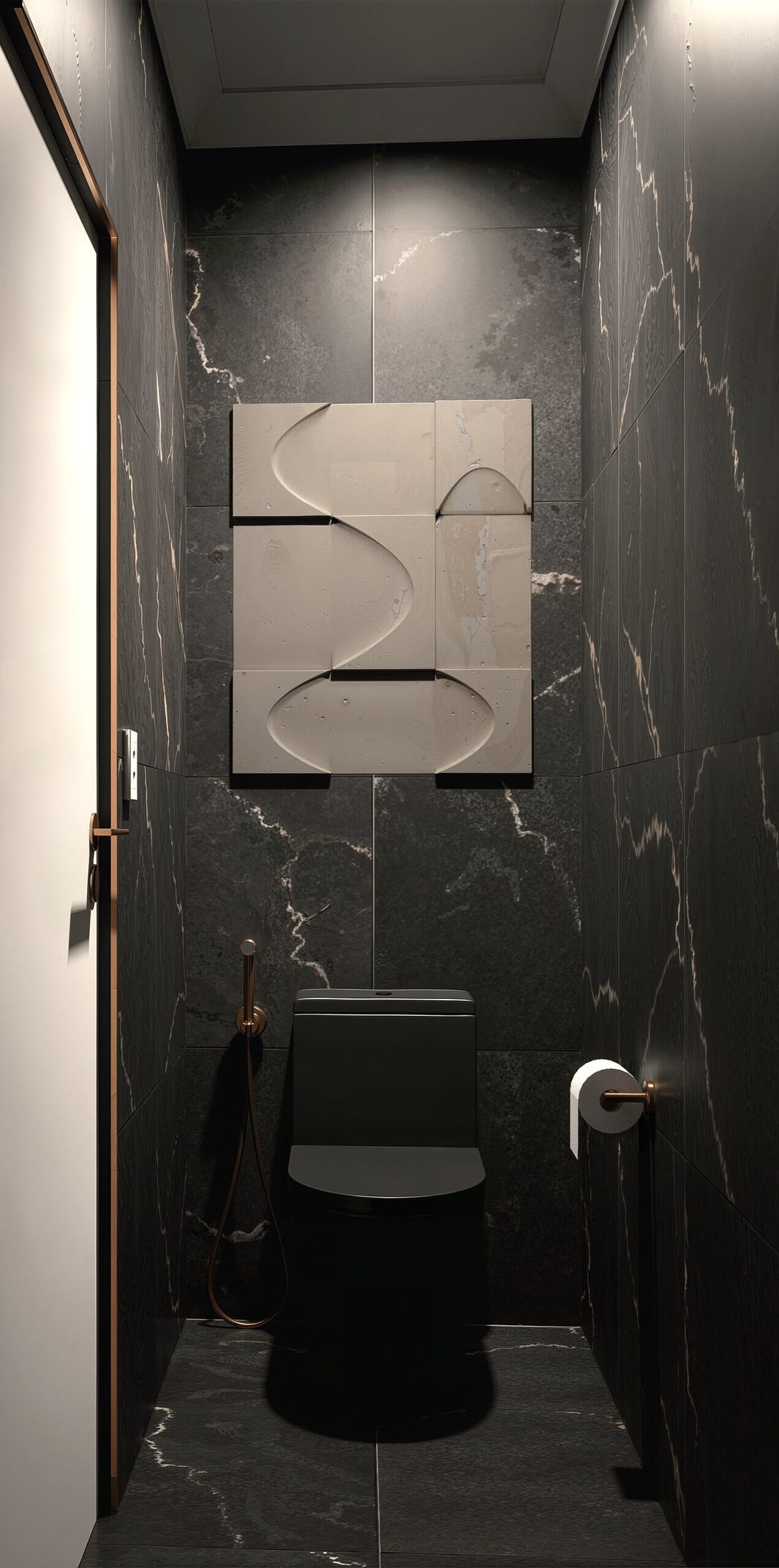 Dark powder room render with feature artwork