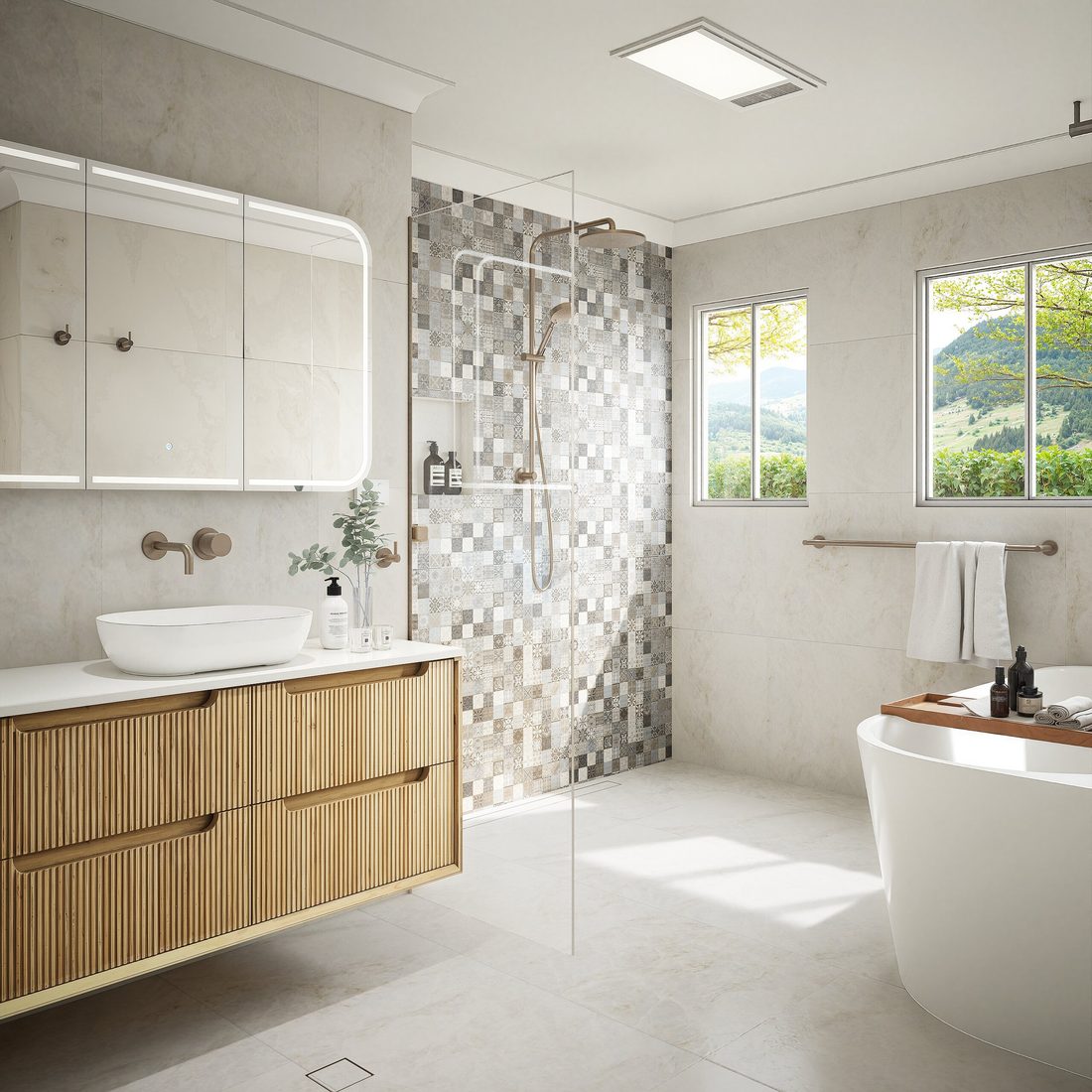 Light bathroom render with mosaic feature wall