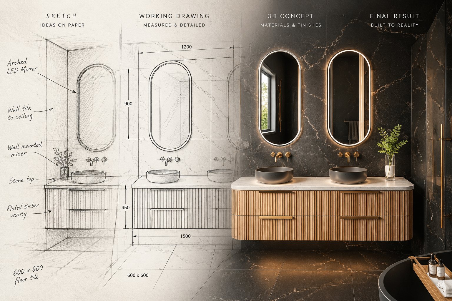 One vanity wall shown four ways: hand sketch, measured working drawing, 3D concept with materials, and the finished bathroom