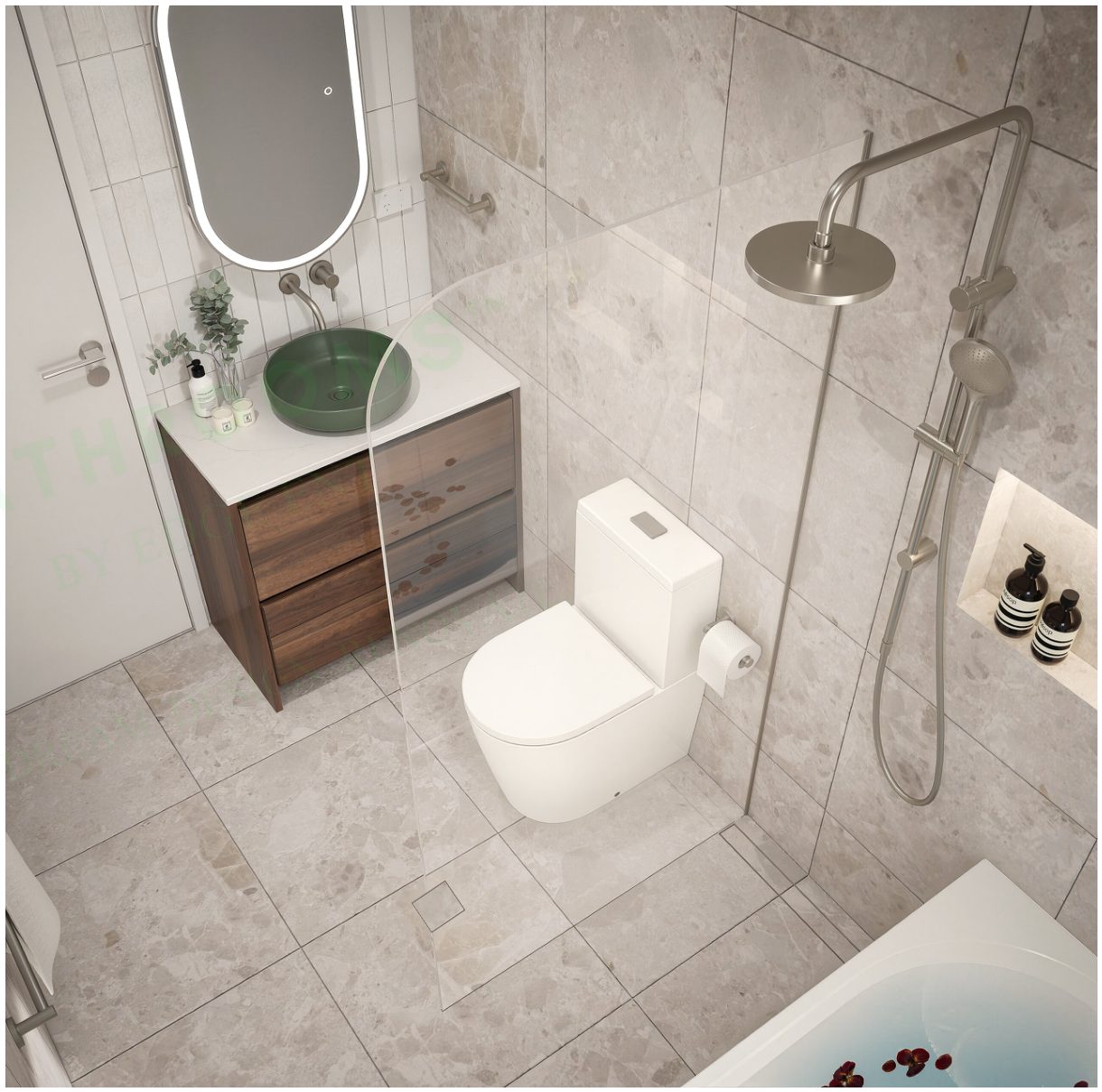 Photo-realistic bathroom render — shower and vanity
